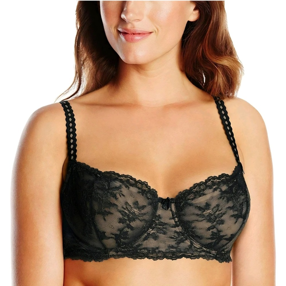 Felina 5894 Black Lace Balconette Underwire Bra 40D Floral Mesh Straps
